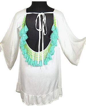 Sundress Brand White Ruffled Beaded Tasseled Backless Boho Mini Dress Size Large